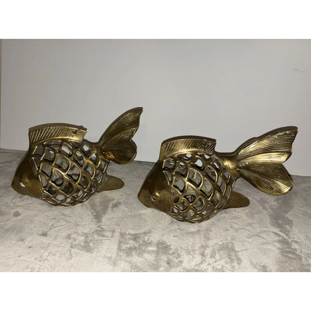 Vintage Rosenthal-Netter Brass Open Scale Hanging Koi Fish‎ Lantern Set (2)